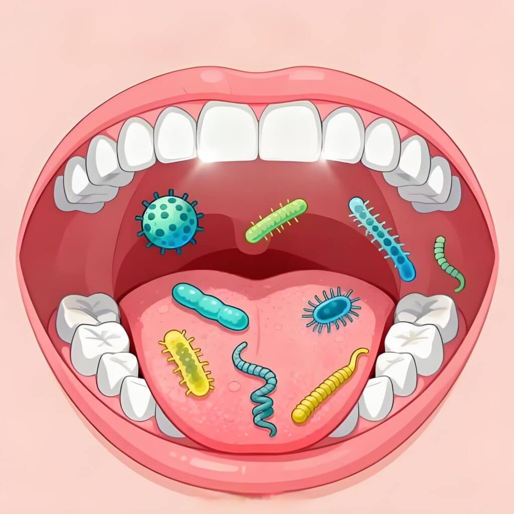 This is a cartoon illustration showing the causes of tooth decay, depicting various bacteria of different shapes and colors on the surfaces of teeth and the tongue inside an open mouth.