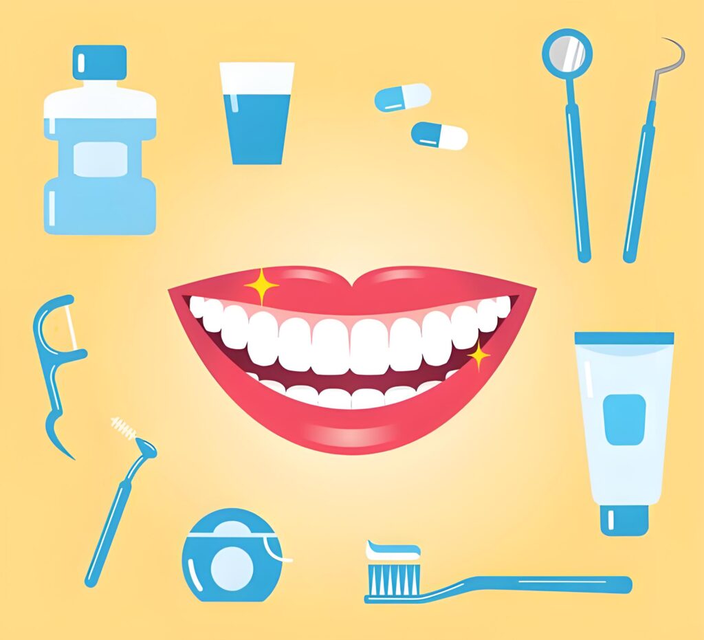 Illustration of oral hygiene tools for preventing cavities, featuring healthy teeth and care items like toothbrush and floss.
