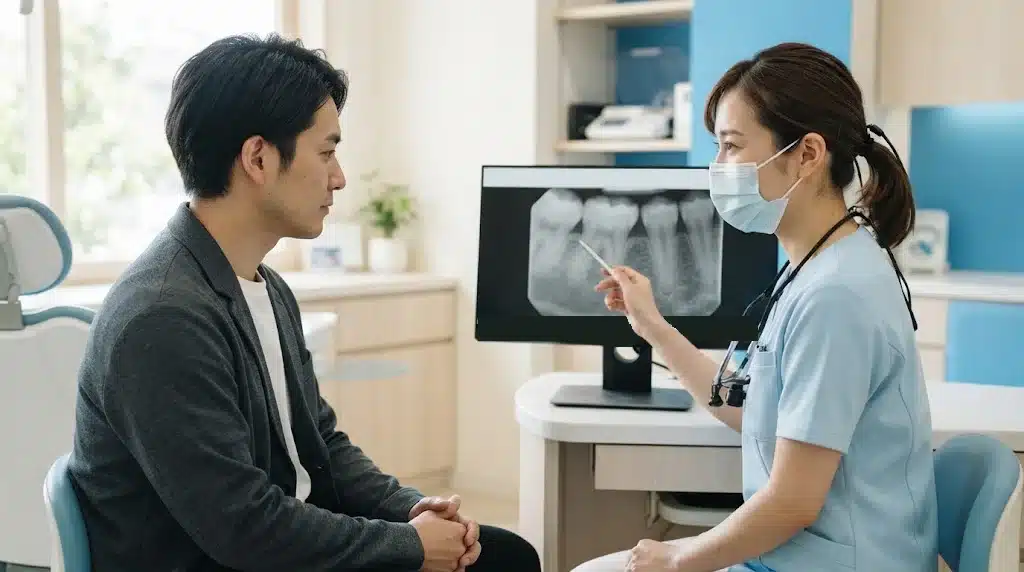 牙醫向病人講解牙齒 X 光片 / A dentist explaining a dental X-ray to a patient