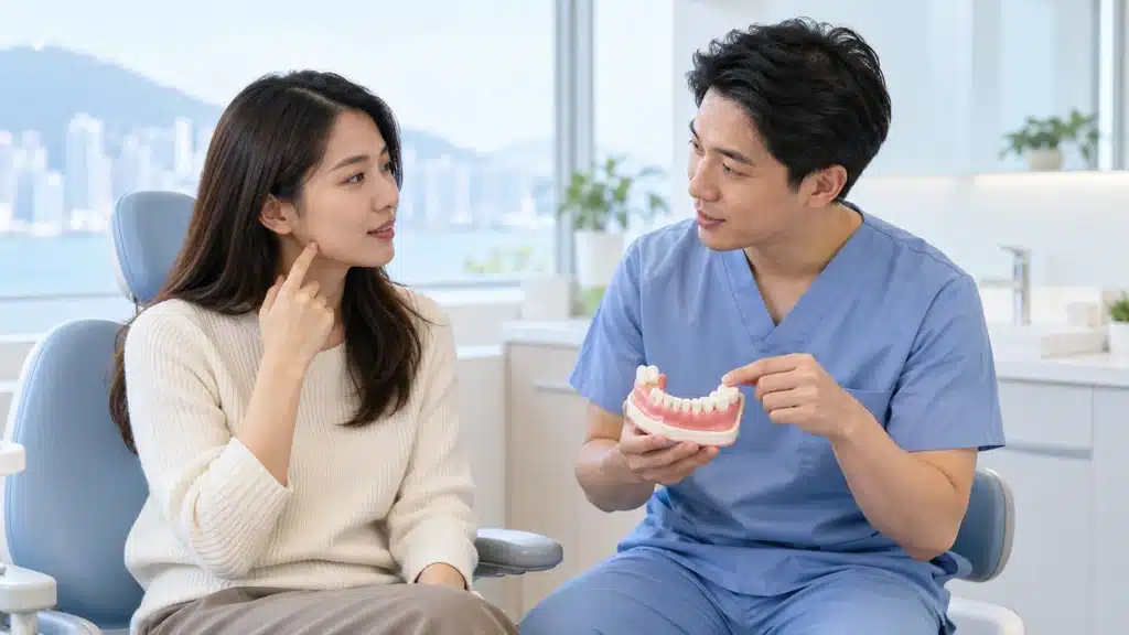 A dentist uses a dental model to explain the back teeth while a patient indicates the area of discomfort.