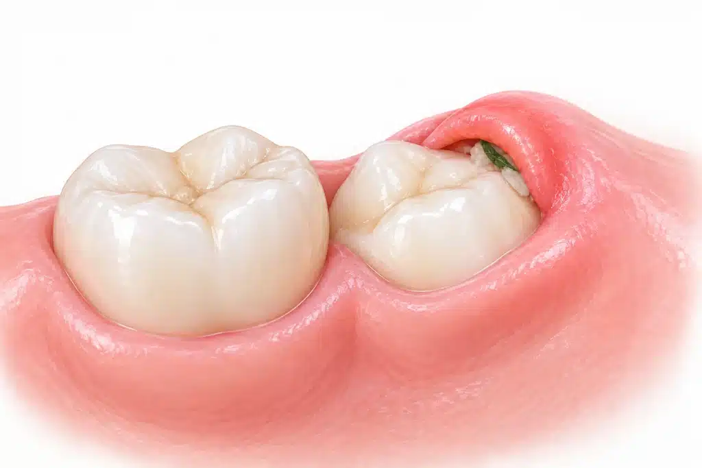 半萌出智慧齒牙肉瓣下滯留食物殘渣 / Food debris beneath a wisdom tooth gum flap